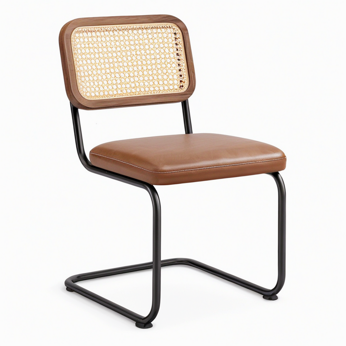Chaise de salle à manger 55 x 59 x 82 cm en cannage bois brun et métal noir avec assise aspect cuir