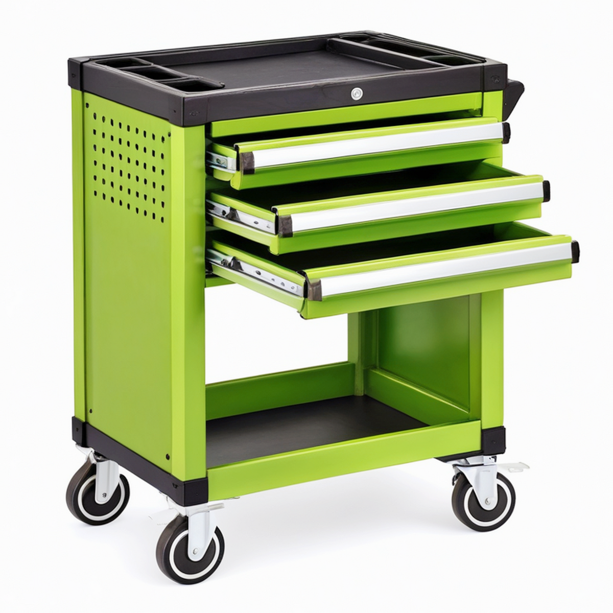 Chariot d'atelier 80 x 45 x 95 cm en acier vert à 3 tiroirs roulant