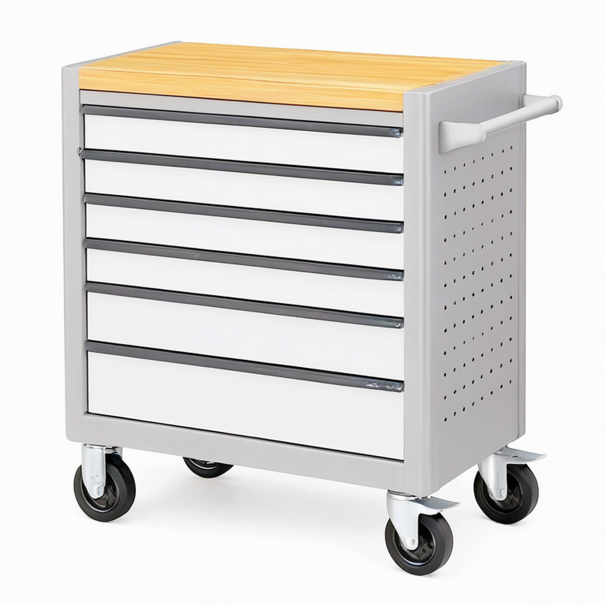 Servante d'atelier 77 x 46 x 97 cm acier gris plateau bambou mobile à 7 tiroirs