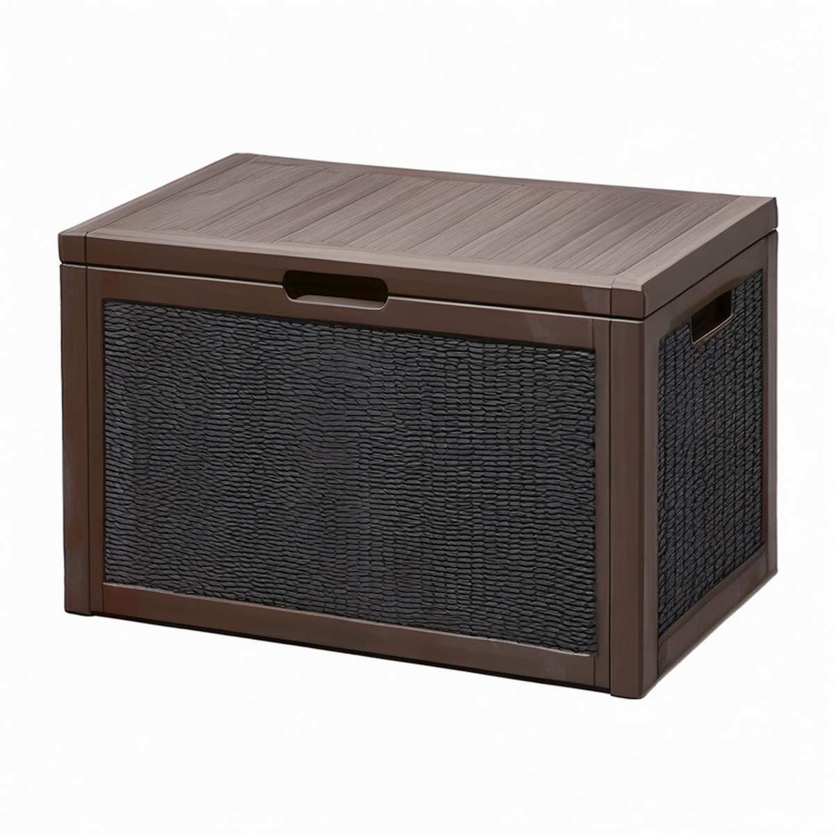 Coffre de rangement extérieur 100 x 50 x 55 cm en résine tressée marron noir avec couvercle