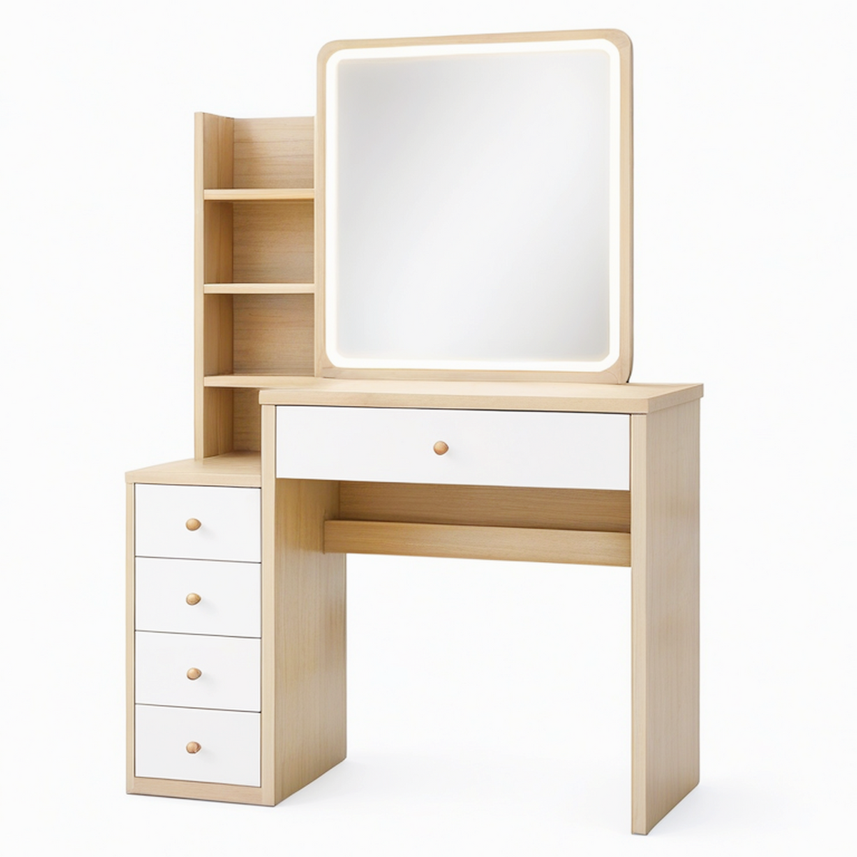 Coiffeuse 120 x 45 x 150 cm en panneaux de bois blanc et chêne clair avec miroir lumineux style moderne