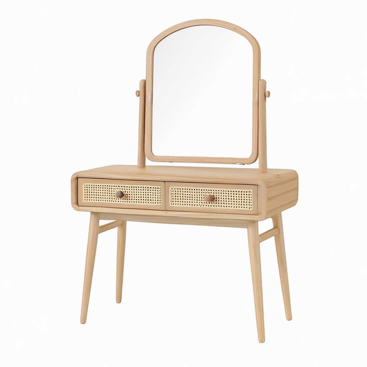 Coiffeuse 80 x 40 x 140 cm en bois clair et cannage avec miroir orientable et 2 tiroirs