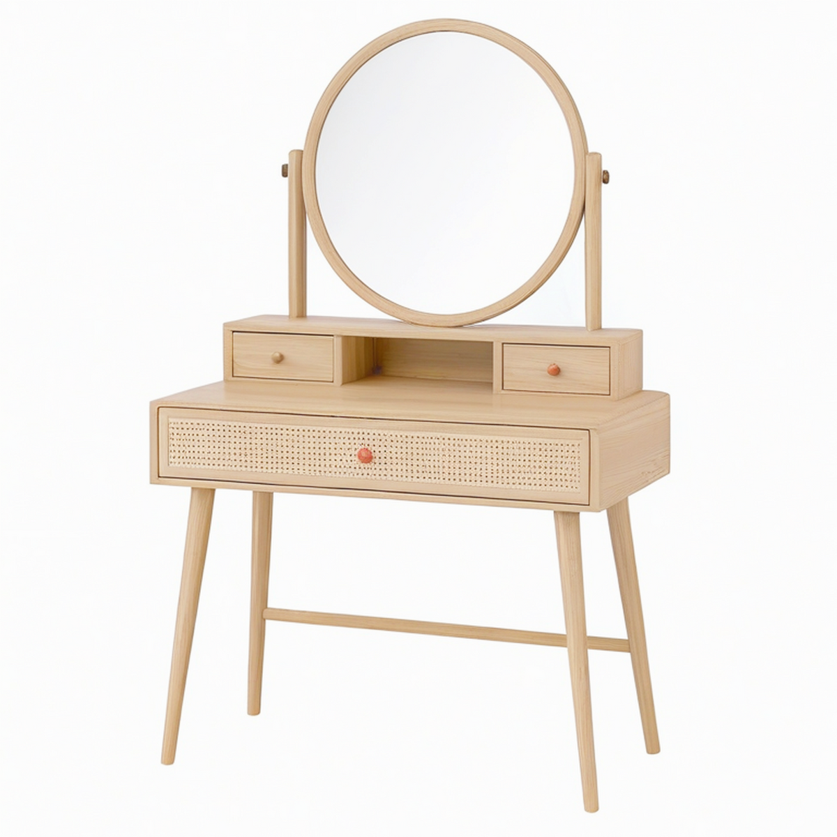 Coiffeuse 80 x 45 x 140 cm en bois beige avec miroir rond et rangements style scandinave