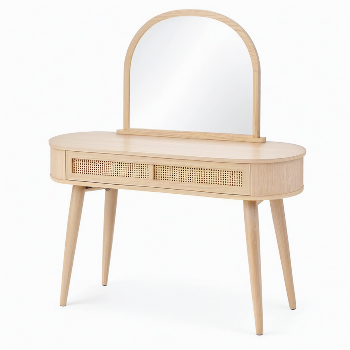 Coiffeuse 100 x 45 x 150 cm en bois naturel avec miroir et tiroir en cannage