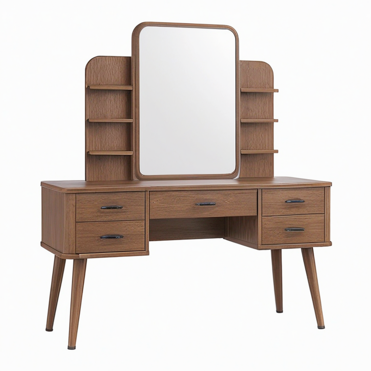 Coiffeuse 140 x 45 x 165 cm en panneaux de bois brun avec miroir et rangements style rétro