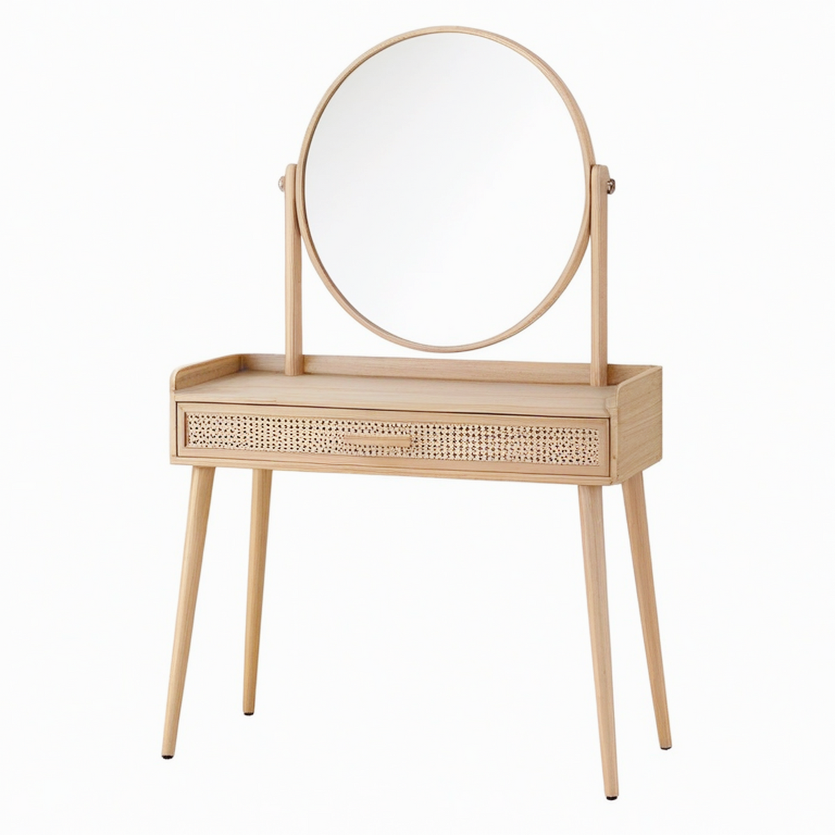 Coiffeuse 80 x 40 x 135 cm en bois naturel avec miroir rond et tiroir cannage style scandinave