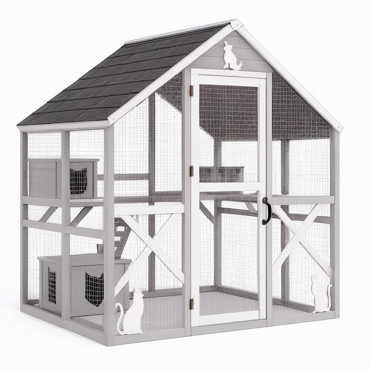 Enclos extérieur pour chat 180 x 90 x 180 cm en bois gris avec grillage et toit incliné