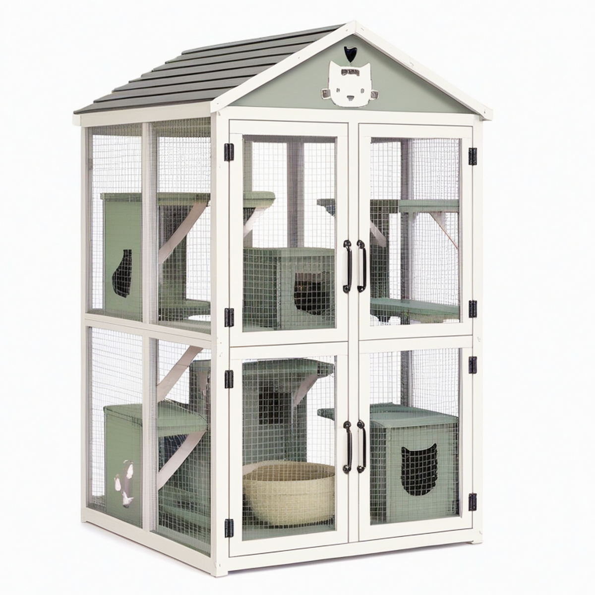 Enclos pour chat 100 x 70 x 160 cm en bois vert et blanc avec grillage et plateformes