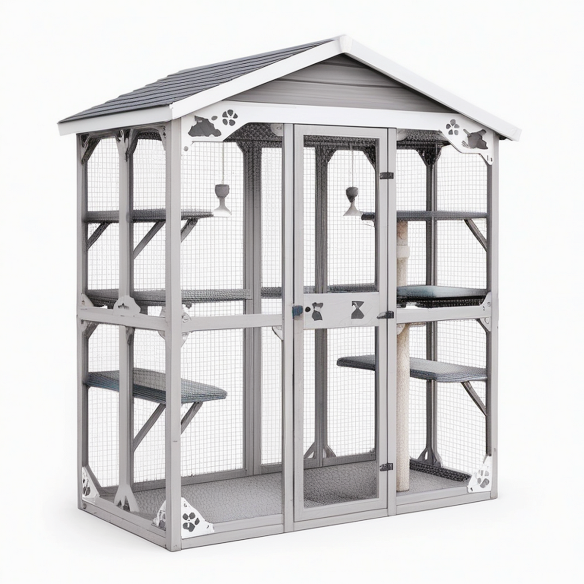 Enclos extérieur pour chat 120 x 80 x 180 cm en bois gris et blanc avec plateformes