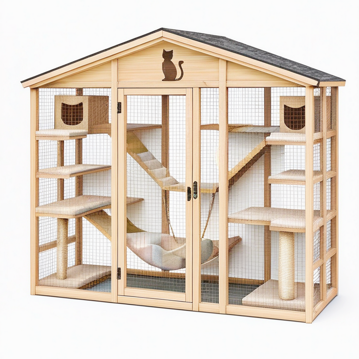 Enclos pour chat 180 x 90 x 180 cm en bois naturel avec grillage - aire de jeu à niveaux