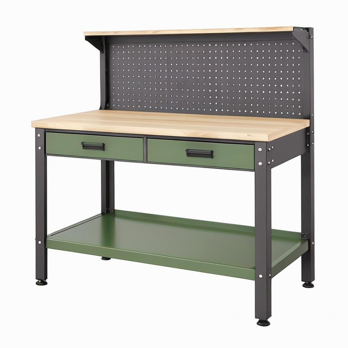 Établi d'atelier 120 x 60 x 140 cm acier noir vert plateau aspect bois avec panneau perforé et tiroirs
